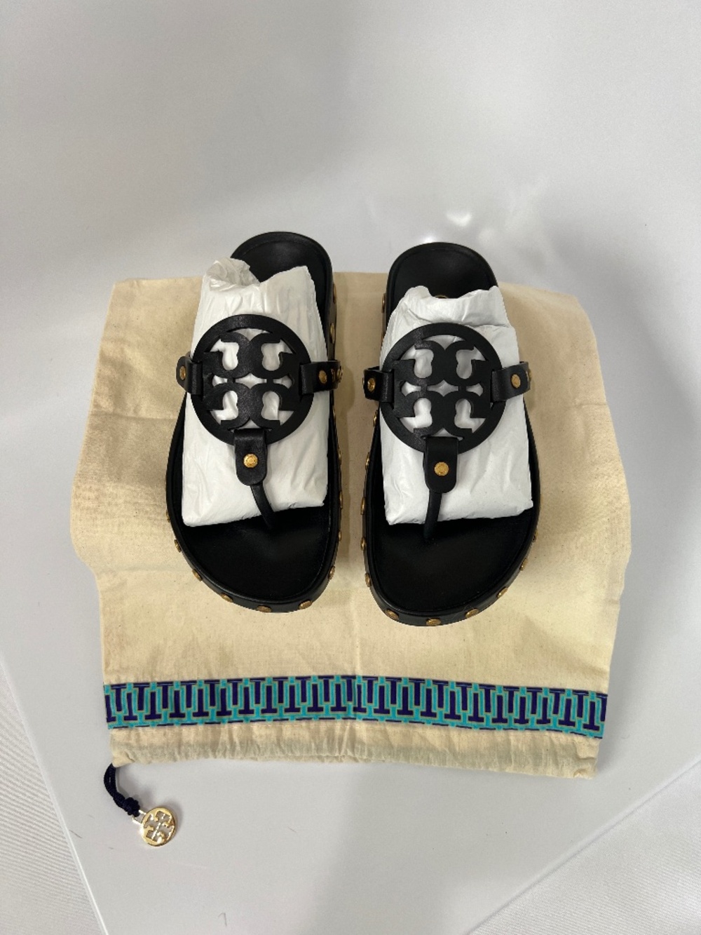 Tory Burch Miller Cloud Coin Calf Leather Sandals Black/Gold Size 6